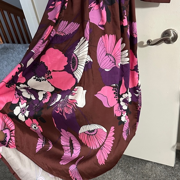 Express Brown Long-Sleeve Floral Shirt Dress with Pink Accents - Picture 11 of 11